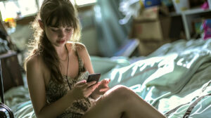 A young woman sits on a bed in a sunlit room, wearing a casual sleeveless outfit and looking at her smartphone—illustrating how digital parenting and healthy screen habits matter as screen time effects become more visible. Soft light blurs various items in the background.