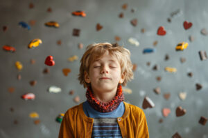 A young child with closed eyes and a content expression stands in front of a gray background, surrounded by floating miniature cars and heart-shaped objects—capturing the family fun and premium value at Kids Arena Marbella’s innovative indoor playground.