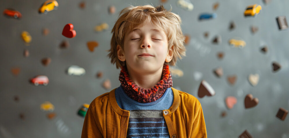 Un niño con los ojos cerrados y una expresión pacífica se encuentra frente a un fondo gris, rodeado de coches de juguete flotantes y formas de corazón, recordándonos cómo купание детей puede ser una parte apreciada y tranquilizadora del día de cada niño.