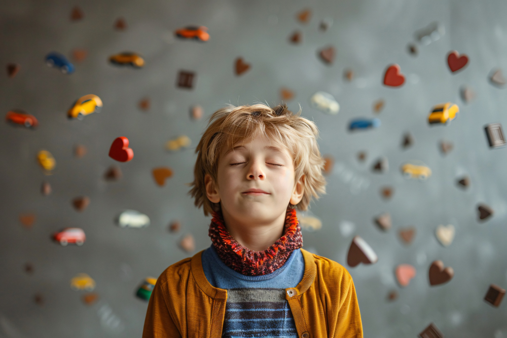 A young child with closed eyes and a content expression stands in front of a gray background, surrounded by floating miniature cars and heart-shaped objects—capturing the family fun and premium value at Kids Arena Marbella’s innovative indoor playground.