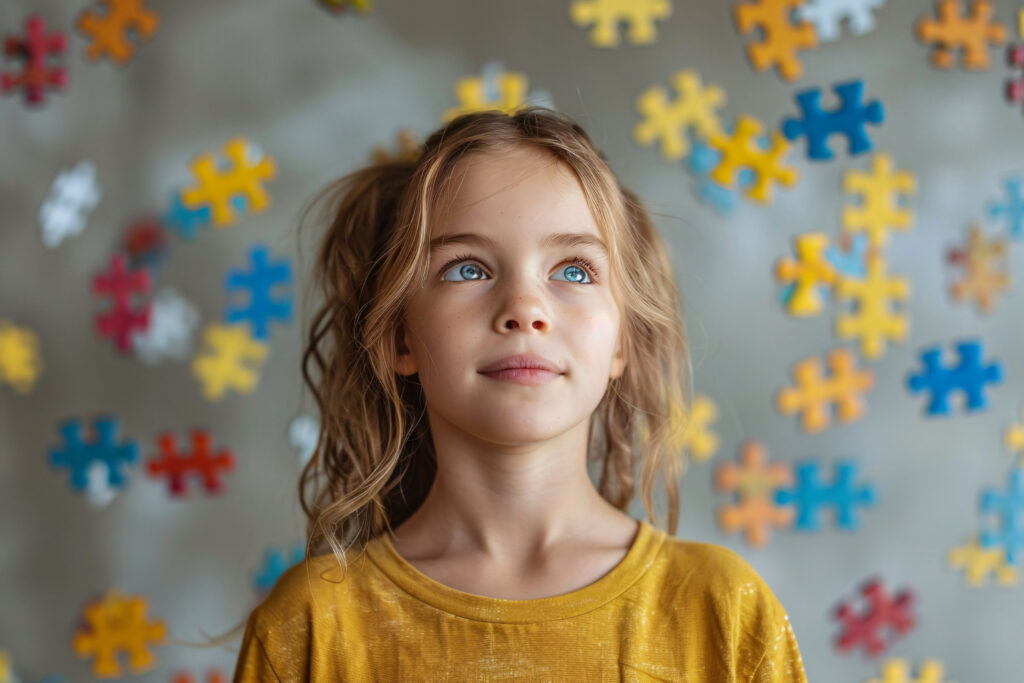 A young girl with blonde hair and blue eyes wearing a yellow shirt looks upward, standing in front of a blurred background decorated with colorful puzzle pieces at Kids Arena Marbella, the indoor playground for unforgettable family fun.