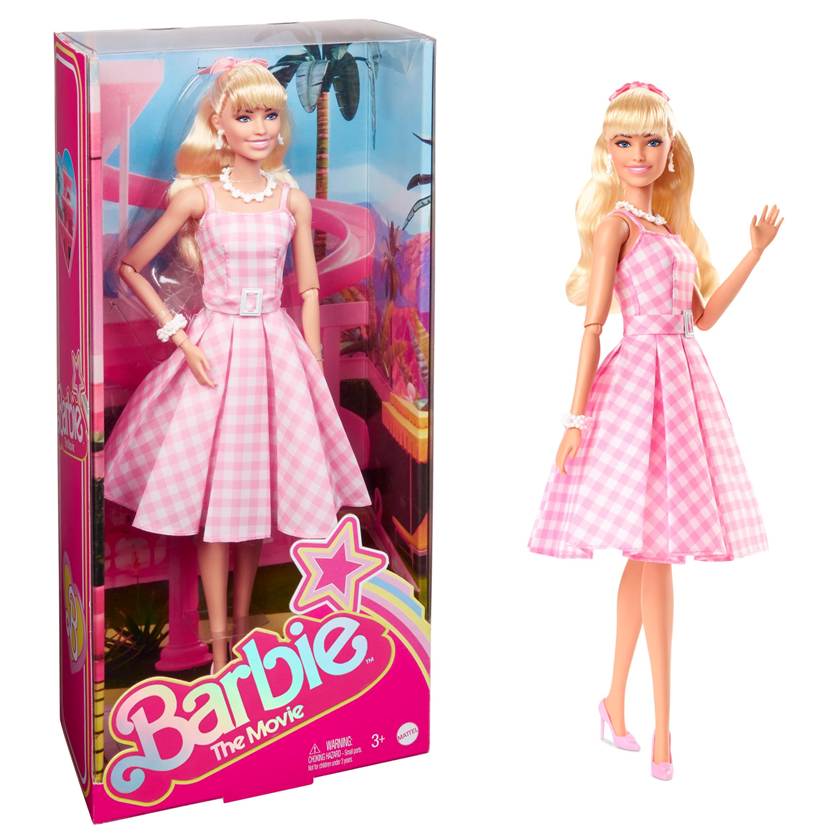 Barbie doll in a pink gingham dress with a belt, white necklace, bracelet, pink shoes, and headband—perfect for fans of family friendly Switch games. Shown in a Barbie The Movie display box and outside, waving.