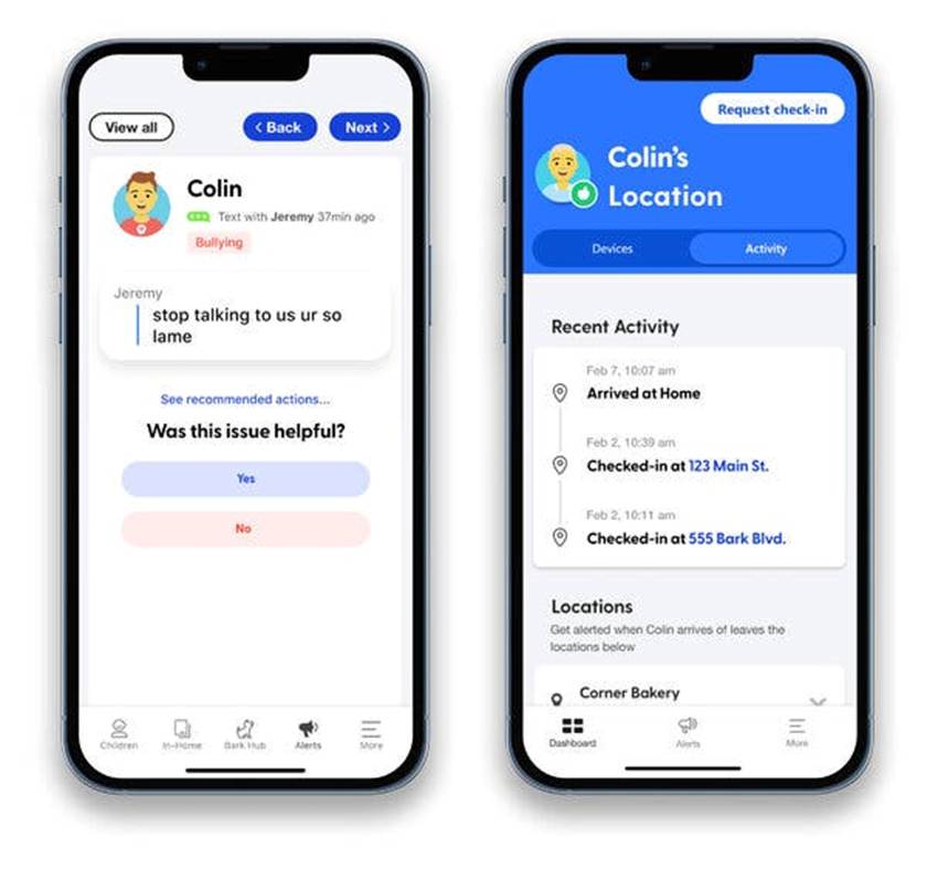 Two smartphones display a parental control app. The first shows a bullying alert in a chat with Colin. The second shows Colin’s location, recent activities, and check-in details—perfect for parents promoting screen-free activities and child development.