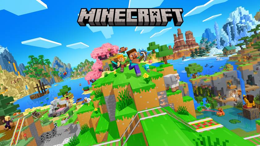 Colorful Minecraft landscape with blocky hills, trees, rivers, animals, and characters running on a hilltop highlights teamwork for kids. The Minecraft logo appears at the top against a bright blue sky with clouds.