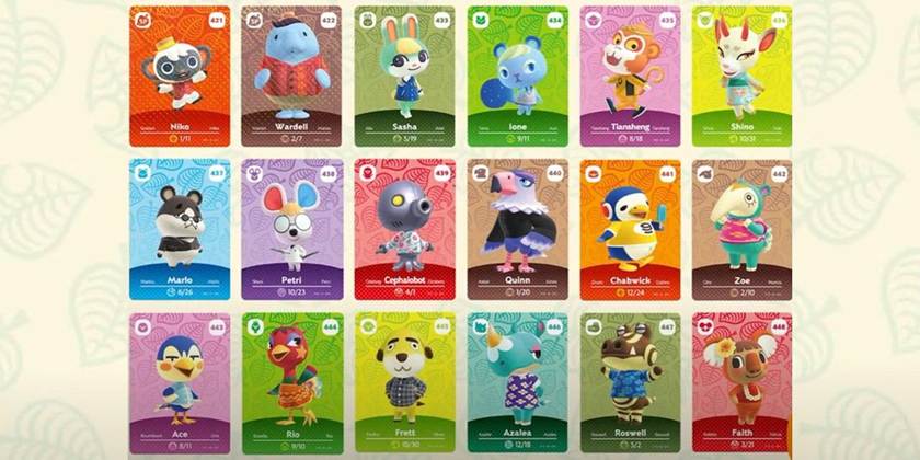 A collection of 18 colorful Animal Crossing amiibo cards is shown arranged in three rows. Each card features a different animal character, highlighting teamwork for kids and encouraging social skills in children through playful interaction.