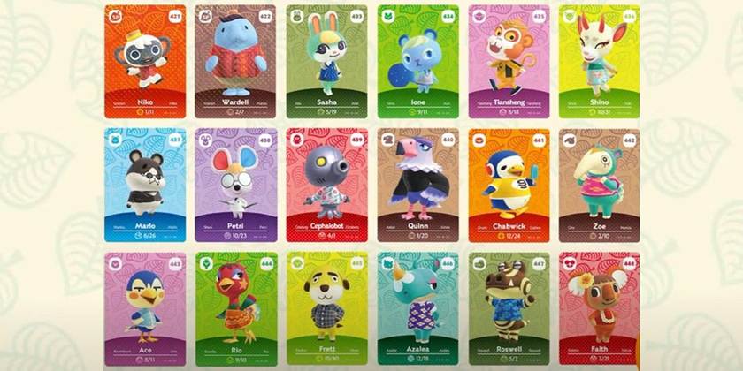 Una colección de 18 coloridas tarjetas amiibo de Animal Crossing dispuestas en tres filas, cada una con un personaje animal distinto con su nombre, número y fecha de cumpleaños, perfectas para juegos en grupo para niños y fomentar el trabajo en equipo. El fondo claro tiene motivos de hojas.