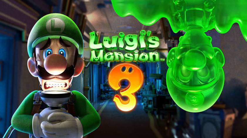 Luigi, holding a flashlight and looking scared, stands next to a translucent green ghostly version of himself above the glowing Luigi’s Mansion 3 title in a spooky hallway—perfect for teamwork for kids and boosting child confidence through play.
