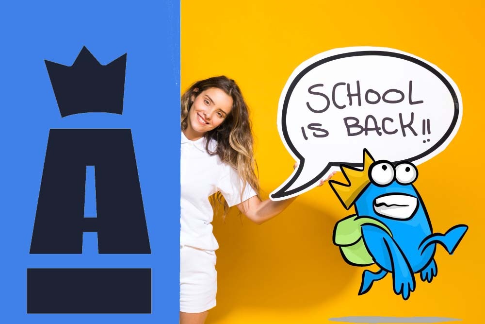 A smiling woman in white peeks from behind a crowned blue letter A. Next to her, a cartoon blue frog holds a “School is back!!” sign. Perfect for any back to school guide for parents on how to prepare kids for school in Spain!.