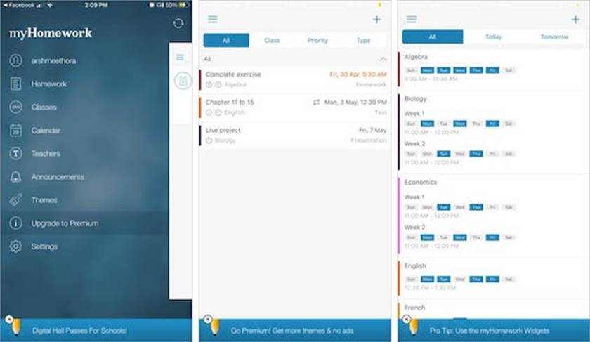 Screenshot of the myHomework app shows a side menu with options like Homework, Classes, and Calendar, plus two main screens listing assignments by subject, due dates, and color-coded status—perfect for digital parenting and guiding young creators in managing school tasks.