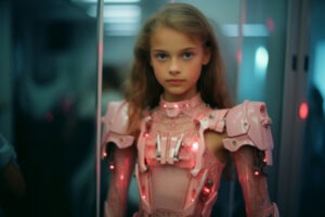 Молодая девушка с длинными светлыми волосами, одетая в футуристический розовый бронекостюм со светящимися красными огнями, стоит в современном высокотехнологичном помещении со стеклянными и металлическими поверхностями.