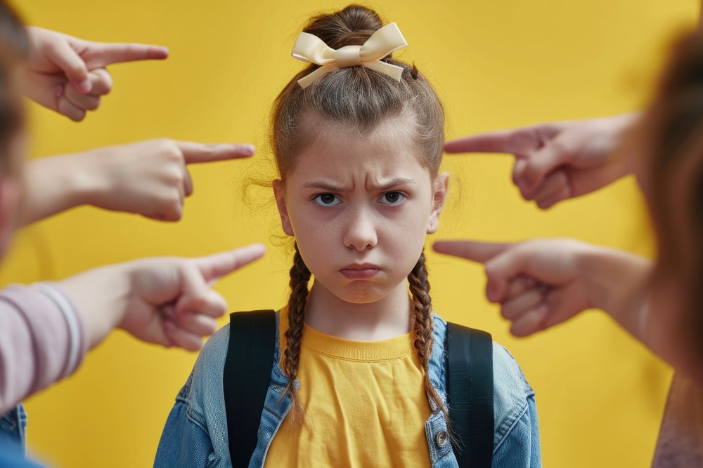 Una niña con el pelo trenzado y un lazo amarillo parece disgustada mientras varias manos la señalan con el dedo sobre un fondo amarillo. Lleva una mochila y aparece aislada, lo que pone de relieve la necesidad de aprender cómo hacer que los niños escuchen sin gritos.