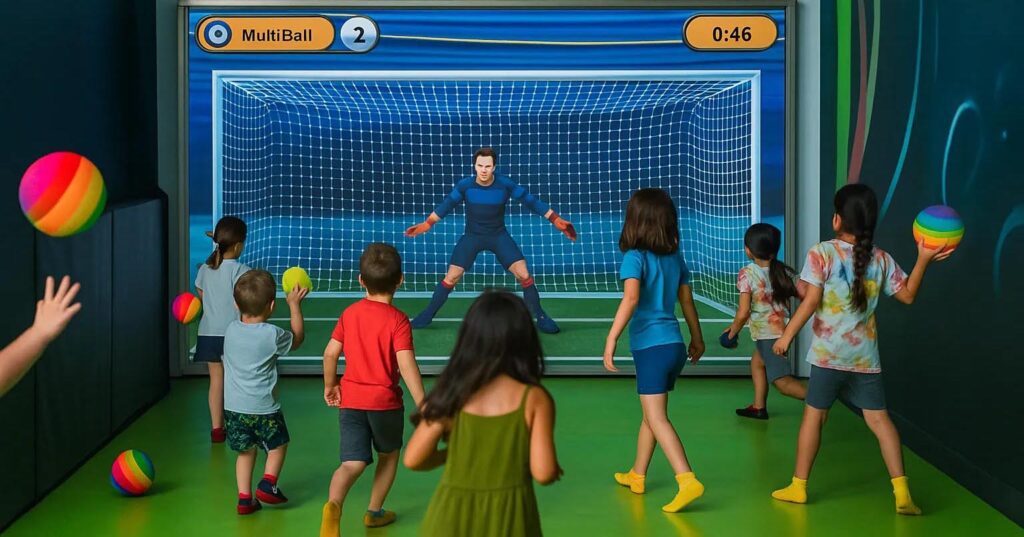 Un grupo de niños lanza pelotas de colores a una gran pantalla interactiva que muestra a un portero virtual frente a una portería de fútbol. La escena es lúdica y enérgica en un espacio interior muy iluminado.