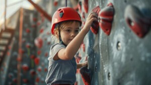 Un niño con casco rojo y camiseta gris trepa por una pared de roca agarrado a unas presas rojas y grises, con expresión concentrada. El fondo muestra más agarres y parte de la estructura de escalada.