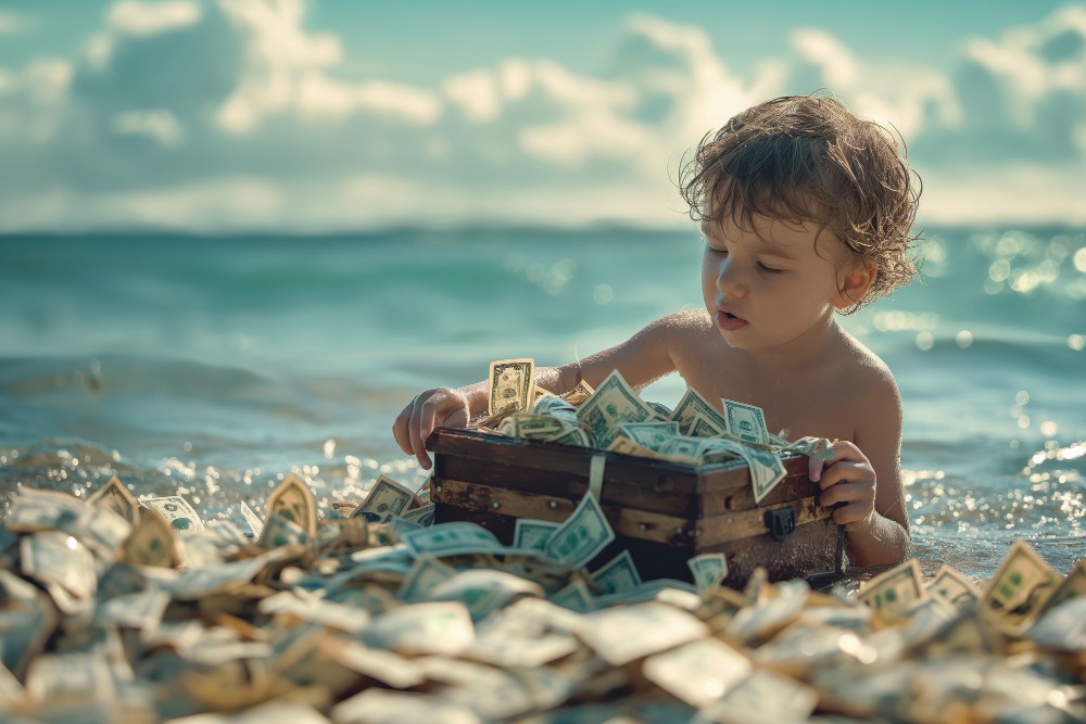 A young child sits on a beach near the ocean in Marbella, opening a wooden chest overflowing with U.S. dollar bills, surrounded by more money scattered on the sand. The sky is partly cloudy in the background—a scene blending fun and active play for children.