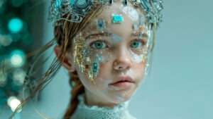 Una joven de llamativos ojos verdes lleva una corona metálica y tiene circuitos y componentes electrónicos brillantes integrados en la cara, creando un aspecto futurista y cibernético. El fondo está suavemente difuminado.