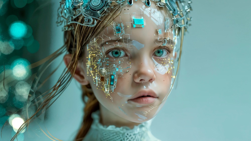 Una joven de llamativos ojos verdes lleva una corona metálica y tiene circuitos y componentes electrónicos brillantes integrados en la cara, creando un aspecto futurista y cibernético. El fondo está suavemente difuminado.