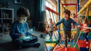 На разделенном изображении слева - мальчик, использующий планшет с футуристическими голограммами у себя дома, а справа - счастливо преодолевающий веревочный мост на крытой игровой площадке вместе с другими детьми.