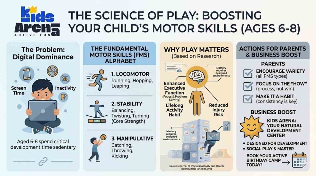Infographic titled “The Science of Play: Boosting Your Child’s Motor Skills (Ages 6–8)” highlights the benefits of active play for children, key motor skills, digital dominance concerns, and tips for parents to encourage healthy, active play.