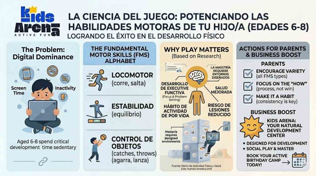Infografía en español sobre el fomento de las habilidades motoras en niños de 6 a 8 años, con temas como el dominio digital, las habilidades físicas clave, los beneficios del juego activo para niños y consejos para los padres, con iconos de colores y el logotipo de Kids Arena.