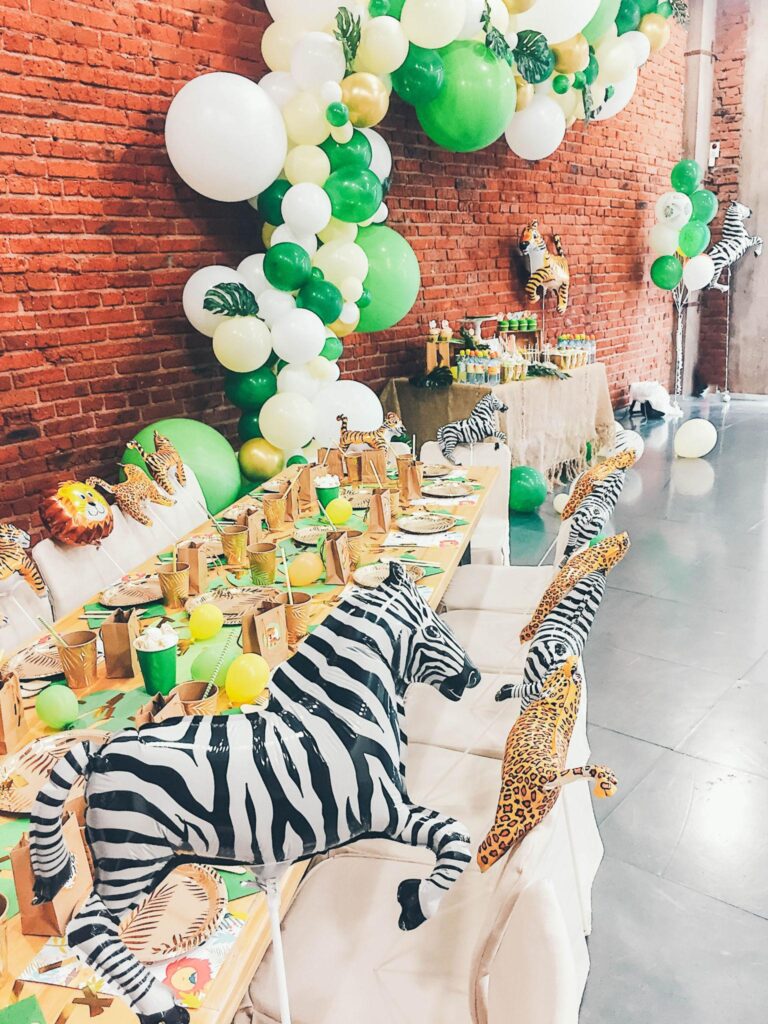 A jungle-themed party setup