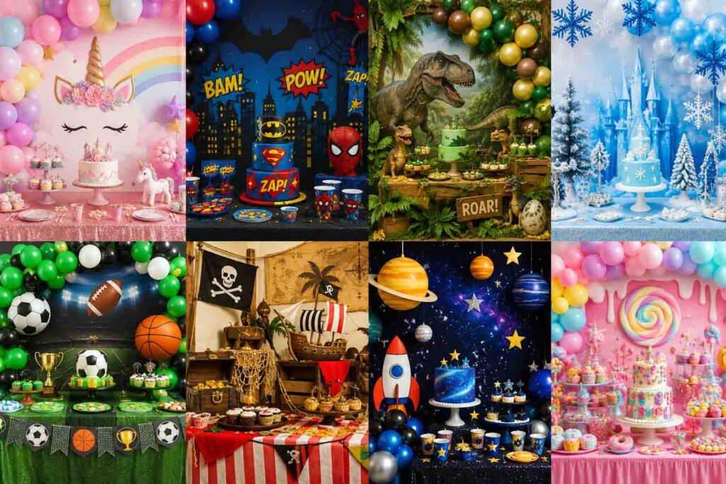 A collage of eight colorful kids’ party setups: unicorn, superhero, dinosaur, frozen winter, sports, pirate, space, and candy land themes—each with matching cakes, balloons, decorations, and ideas for active play for kids.