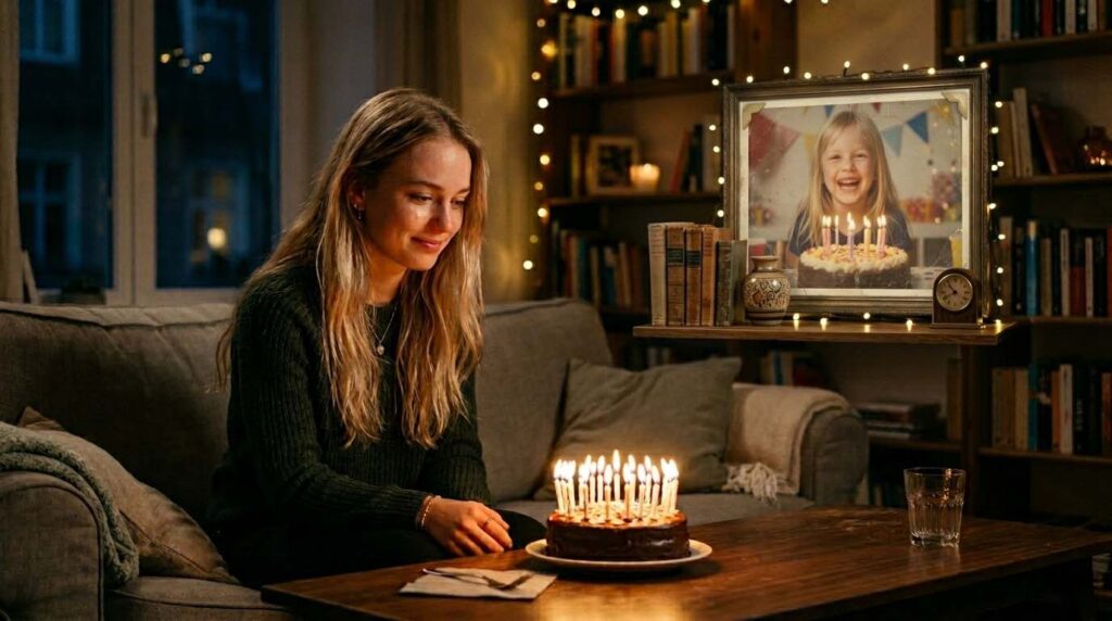 Una mujer joven está sentada sola en un sofá, mirando una tarta de cumpleaños encendida. Detrás de ella hay una gran foto de un niño sonriente con una tarta de cumpleaños. Luces cálidas y estanterías crean un ambiente acogedor.