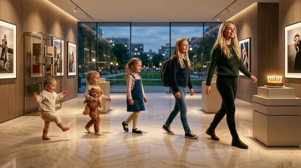 Five children, from toddler to teen, walk in a row through a gallery space toward a table with a birthday cake and lit candles—an inspiring scene for those seeking unique kids birthday party ideas amid art and framed photos.