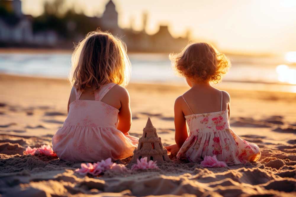 Dos niñas con vestidos de flores están sentadas en la arena de la playa junto a un castillo de arena, rodeadas de flores, contemplando la puesta de sol sobre el mar.
